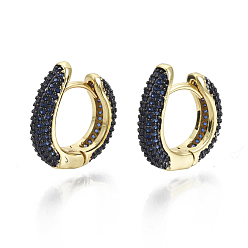 Blue Brass Micro Pave Cubic Zirconia Huggie Hoop Earrings, Nickel Free, Ring, Real 16K Gold Plated, Blue, 19x18x4.5mm, Pin: 1mm