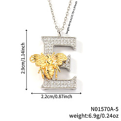 Letter E Подвеска в виде пчелы с микропаве из прозрачного кубического циркония в виде микрофибры, латунная, с инициалами., платиной и золотом, Письмо E, 15.75 дюйм (40 см), Кулон : 29x22 мм