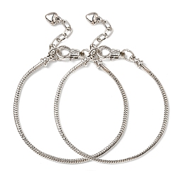 Платина 2 шт. латунные браслеты в европейском стиле для изготовления ювелирных изделий, с когтя омара застежкой и сердца прелести, платина, 7-7/8 дюйм (20 см), 3 мм