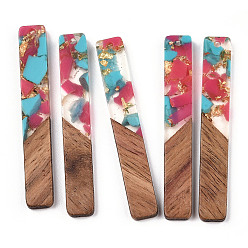 Камелия Большие подвески из прозрачной смолы и орехового дерева, золотой фольгой, прямоугольник амулеты, камелия, 51.5x7.5x3 мм, отверстие : 1.8 мм