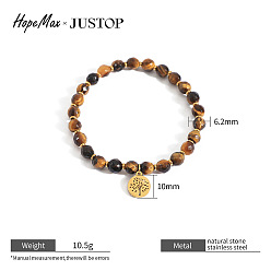 Œil De Tigre Bracelets extensibles en perles rondes à facettes en œil de tigre naturel de mm, 6.2 Bracelets en acier inoxydable avec pendentif arbre de vie pour femmes, or, 304 pouce (7.48 cm)