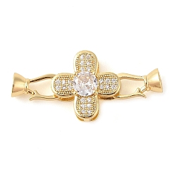 Золотой Реечное покрытие латунь микро паве прозрачный кубический цирконий складные застежки, долговечный, без свинца и без кадмия, клевер, золотые, 37x17x8 мм, отверстие : 4 мм