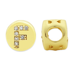 Letter F Brass Micro Pave Clear Cubic Zirconia Beads, Flat Round with Letter, Letter.F, 7.5x6.5mm, Hole: 3.5mm, 3pcs/bag