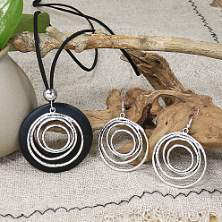 Платина Комплекты ожерелий и серег с подвесками из сплава и дерева в этническом стиле, кольцо, платина, 59x38 мм