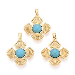 Синтетическая Бирюза Синтетические бирюзовые подвески, цветочные подвески с латунной оправой, реальный 18 k позолоченный, 25x23x5~6 мм, отверстие : 5x2.5 мм