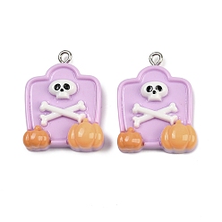 Фиолетовый Подвески из непрозрачной смолы на Хэллоуин, надгробная плита, с железной платиной петлей, фиолетовые, 28x21.5x8 мм, отверстие : 2 мм