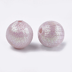 Pink Polyester Thread Fabric Covered Beads, with ABS Plastic Inside, Round, Pink, 12x13mm, Hole: 2mm