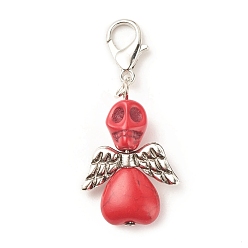 Red Dyed Synthetic Turquoise Pendant Decorations, with CCB Plastic Beads and Alloy Clasps, Skull with Wing, Red, 45mm, Skull: 29.5x20x9.5mm
