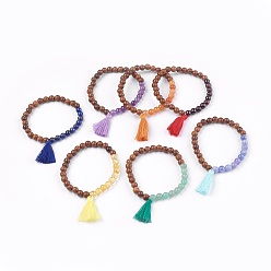 Mixed Stone Natural Mixed Stone Stretch Bracelets, with Wood Beads and Cotton Thread Tassel, 2-1/8 inch(5.5cm)