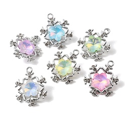 Platinum UV Plating Alloy Glass Pendants, Snowflake Charm, with Rhinestone, Faceted, Mixed Color, Platinum, 23.5x19.5x7.5mm, Hole: 1.8mm