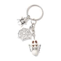 Античный Серебристый & Платиновый Синтетические бирюзовые брелки, с подвесками из сплава и железными брелоками для ключей, череп, паук, старинное серебро и платина, 8 см