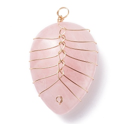 Rose Quartz Natural Rose Quartz Pendants, with Light Gold Tone Copper Wire Wrapped, Water Drop, 42~43x25~26x12mm, Hole: 4mm