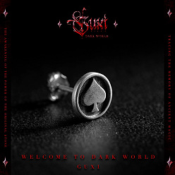 Antique Silver Vintage Alloy Ace of Heart Playing Card Stud Earrings for Men, Flat Round, Antique Silver, 8mm