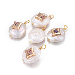 Разноцветный Подвески из натурального пресноводного жемчуга, с латунными микро проложить кубических выводы циркония, самородки со звездой, золотые, красочный, 17~26x11~16x5~11 мм, отверстие : 1.6~2 мм