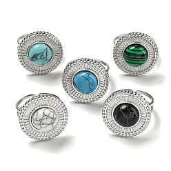 Нержавеющая Сталь Цвет 304 открытые манжеты из нержавеющей стали, Плоские круглые кольца на палец из синтетического малахита и бирюзы для женщин и мужчин, цвет нержавеющей стали, регулируемый