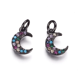 Черный Цвет Металла Латунь прелести, с микропаве из кубического циркония и прыжковыми кольцами, луна, красочный, металлический черный , 11x8x2 мм, отверстие : 3 мм