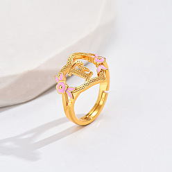 Letter F Регулируемые кольца для пальцев с латунным жемчугом и розовой эмалью в форме сердца и цветка, без кадмия, без никеля и без свинца, золотые, Буква F, 14 мм, внутренний диаметр: 17 мм