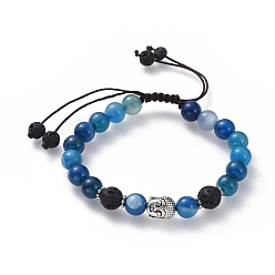 Deep Sky Blue Braided Bead Bracelets, with Antique Silver Plated Alloy Findings, Nylon Thread, Natural Striped Agate and Lava Rock Beads, Buddha, Deep Sky Blue, 2-1/8 inch(5.5cm)