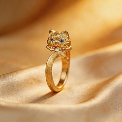 Oro Anillos abiertos de latón con micropavé de circonitas cúbicas para mujer, forma de gato, dorado, Tamaño estadounidense 4 1/4(15mm)~20mm