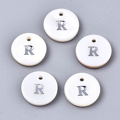 Letter R Natural Freshwater Shell Pendants, with Platinum Plated Iron Etched Metal Embellishments, Flat Round with Initial Letter, White, Letter.R, 11x2mm, Hole: 1.5mm