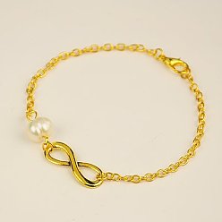 Античное Золото Мода тибетском стиле бесконечности ссылка браслеты, железные цепи с марки А жемчужные бусы и легкосплавные Lobster Claw застежками, античное золото , 200 мм