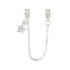 Звезда Латунные паве прозрачные кубические цирконии европейские защитные цепи с подвесками, долговечный, стойки покрытие, серебряный цвет гальваническим, звезда, 83 мм, отверстие : 4 мм, звезды: 10x8x1.5 mm