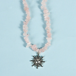 Rose Quartz Natural Rose Quartz Necklaces, with Alloy Charms, Sun, 14.57 inch(37cm)
