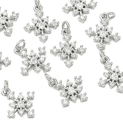 Real Platinum Plated SHEGRACE Brass Micro Pave Cubic Zirconia Pendants, Snowflake Charms, Cadmium Free & Nickel Free & Lead Free, Clear, Real Platinum Plated, 13x10.5x2mm, Hole: 2.8mm