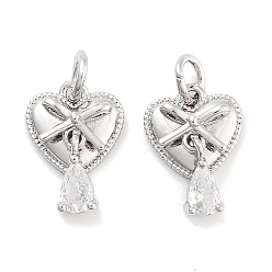 Платина Латунь с прозрачными подвесками из циркония, без кадмия, без никеля и без свинца, с целью перехода в кольце, сердце с подвесками в виде слезы, платина, 14x10x4 мм, отверстие : 3 мм