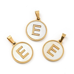 Letter E Вакуумное покрытие pvd 304 нержавеющая сталь с подвесками из белой ракушки, золотые, плоский круглый с подвеской в виде буквы, letter.e, 18x16x1.5 мм, отверстие : 3x6 мм