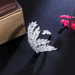 Платина Кольца-манжеты из латуни с микропаве из прозрачных кубических цирконий в форме оливковой ветви, платина, 36 мм, внутренний диаметр: 20 мм