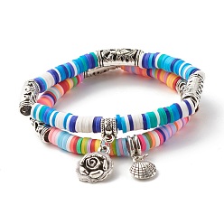 Mixed Color Handmade Polymer Clay Heishi Beads Stretch Bracelets Set, Flower and Shell Alloy Charm Bracelets for Women, Mixed Color, Inner Diameter: 2 inch(5.2cm), 2pcs/set