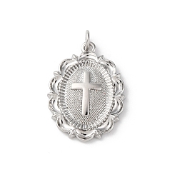 Платина Латунные подвески с соединительным кольцом, без кадмия, без никеля и без свинца, овальные с крестом, платина, 20x15x3 мм