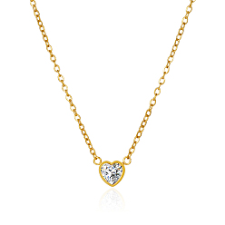 Golden Heart-shaped 304 Stainless Steel Pave Clear Cubic Zirconia Pendant Cable Chain Necklaces for Women, Golden, 16.54 inch(42cm)