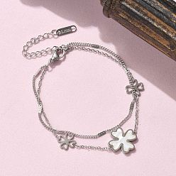 Нержавеющая Сталь Цвет 304 многорядные браслеты из нержавеющей стали с подвеской из ракушки и жемчуга, браслеты из цепочек и кабелей для женщин, клевер амулеты, цвет нержавеющей стали, 6.57 дюйм (16.7 см)