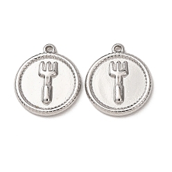 Stainless Steel Color 304 Stainless Steel Pendants, Flat Round with Fork Charms, Stainless Steel Color, 17.5x15.5x2.5mm, Hole: 1.2mm