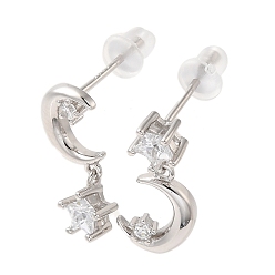 Platinum Rhodium Plated Sterling Silver Dangle Stud Earrings, Rhinestone Moon with Star Asymmetrical Earrings, with S925 Stamp, Platinum, 10.5x7.5mm