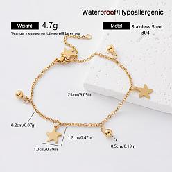 Estrella de mar Verano 304 tobilleras de acero inoxidable con dije de bolita para mujer, dorado, estrella de mar, 9-1/8 pulgada (230 mm)
