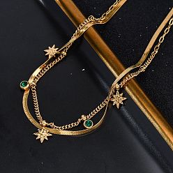 Настоящее золото 14K 304 двухслойные ожерелья из нержавеющей стали со стразами, цветок нагрудник ожерелья, ионное покрытие (ip), реальный 14 k позолоченный, 15.91 дюйм (40.4 см)