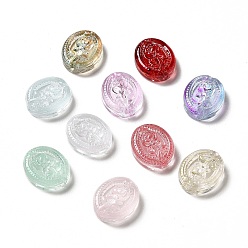 Mixed Color Spray Painted Transparent Glass Beads, Oval with Flower, Mixed Color, 18x15x6.5mm, Hole: 1.6mm