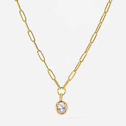 Plaqué 18K Or Véritable 304 Colliers en acier inoxydable avec pendentif ovale en zircon cubique transparent pavé de pierres, chaîne trombone pour femmes, réel 18 k plaqué or, 16.54 pouce (42 cm)