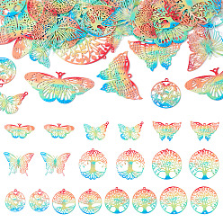 Разноцветный 40 шт. 10 стили, окрашенные распылением 430 филигранные двусторонние подвески из нержавеющей стали, гравированные металлические украшения, бабочка, плоский круглый и древо жизни, красочный, 18 ~ х 20.5~47x0.2~0.3 мм, отверстие : 1.2~1.8 мм, 4 шт / стиль