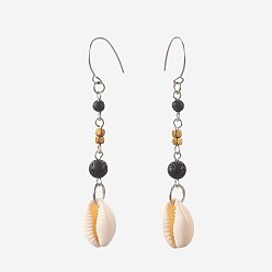 Lava Rock Round Natural Lava Rock Dangle Earrings, with Cowrie Shell, Electroplate Non-magnetic Hematite Beads and 304 Stainless Steel Earring Hooks, Stainless Steel Color, 74~76mm, Pin: 0.7mm