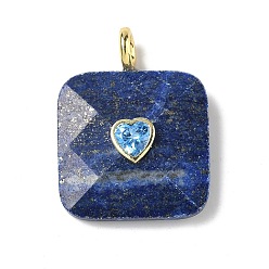 Ляпис-Лазурь Граненые подвески из окрашенного натурального лазурита, Квадратные подвески с латунными фианитами в оправе из кубического циркония, золотые, 33.5~35x25.5x8~8.5 мм, отверстие : 4 мм