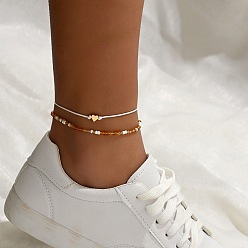 Шоколадный 2шт. наборы браслетов на ногу из стеклянных бусин, с бусиной из сплава в форме сердца, цвет шоколада, 8-1/4 дюйм (210 мм)