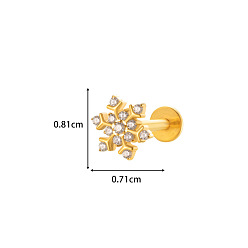 Снежинка Серьги для хряща из титанового сплава с микропаве из кубического циркония, козелок шпилька, плоская серьга сзади, золотые, снежинка, 8 мм, штифты : 1.2 мм