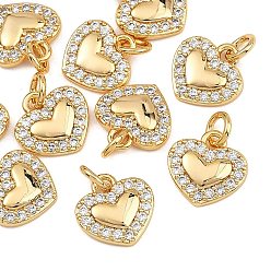 Real 18K Gold Plated SHEGRACE Valentine's Day Brass Clear Cubic Zirconia Charms, Heart Charms, Cadmium Free & Lead Free & Nickel Free, Real 18K Gold Plated, 9x9x2mm, Hole: 2.5mm