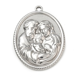 Couleur Acier Inoxydable Pendentifs en acier inoxydable religion 201, ovale avec des breloques de la Sainte Famille, couleur inox, 36x26x3.5mm, Trou: 2.5mm