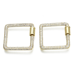 Clear Brass Micro Pave Cubic Zirconia Screw Carabiner Lock Charms, for Necklaces Making, Square, Nickel Free, Real 16K Gold Plated, Clear, 27x27x3mm, Screw: 8x5mm