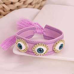 Фиолетовый Богемные браслеты из латуни и смолы, регулируемые браслеты из плетеного шнура из полиэстера для женщин, сглаз и кисточка, реальный 18 k позолоченный, фиолетовые, 5.91~9.84 дюйм (15~25 см)